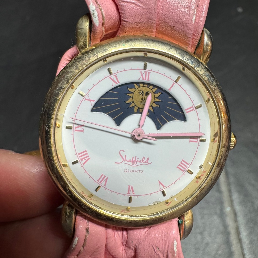 Vintage Sheffield Sun Moon Phase Watch Pink Leather Cuff Strap Gold Tone Quartz